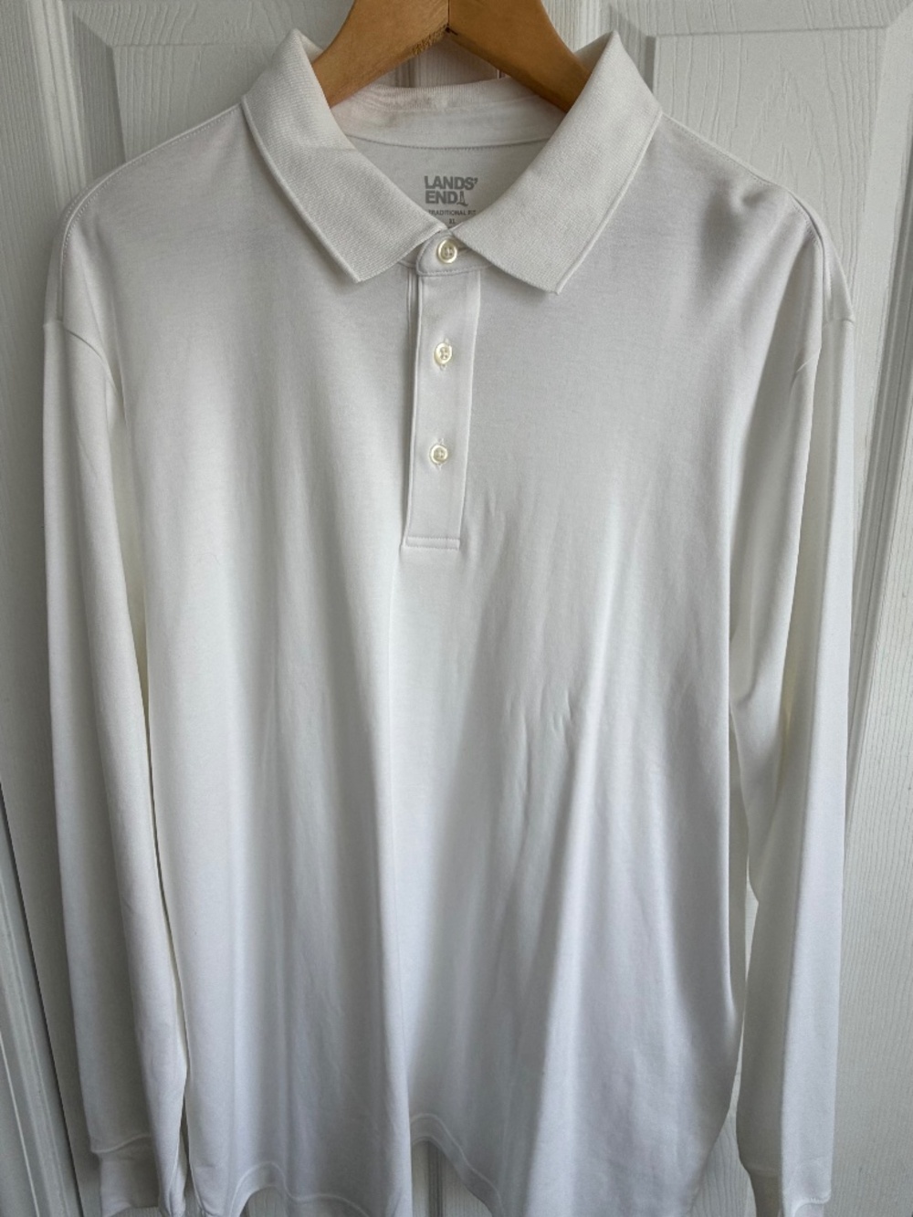 Lands’ End Men’s White Long Sleeve Polo Shirt XL 46-48 Traditional Fit